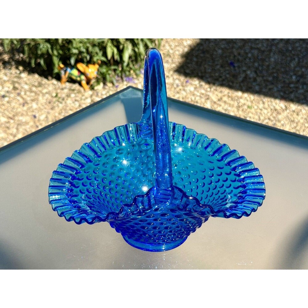 Fenton Colonial Blue Hobnail Oval Glass Basket Ruffled Edge 9" Tall 1970’s EUC